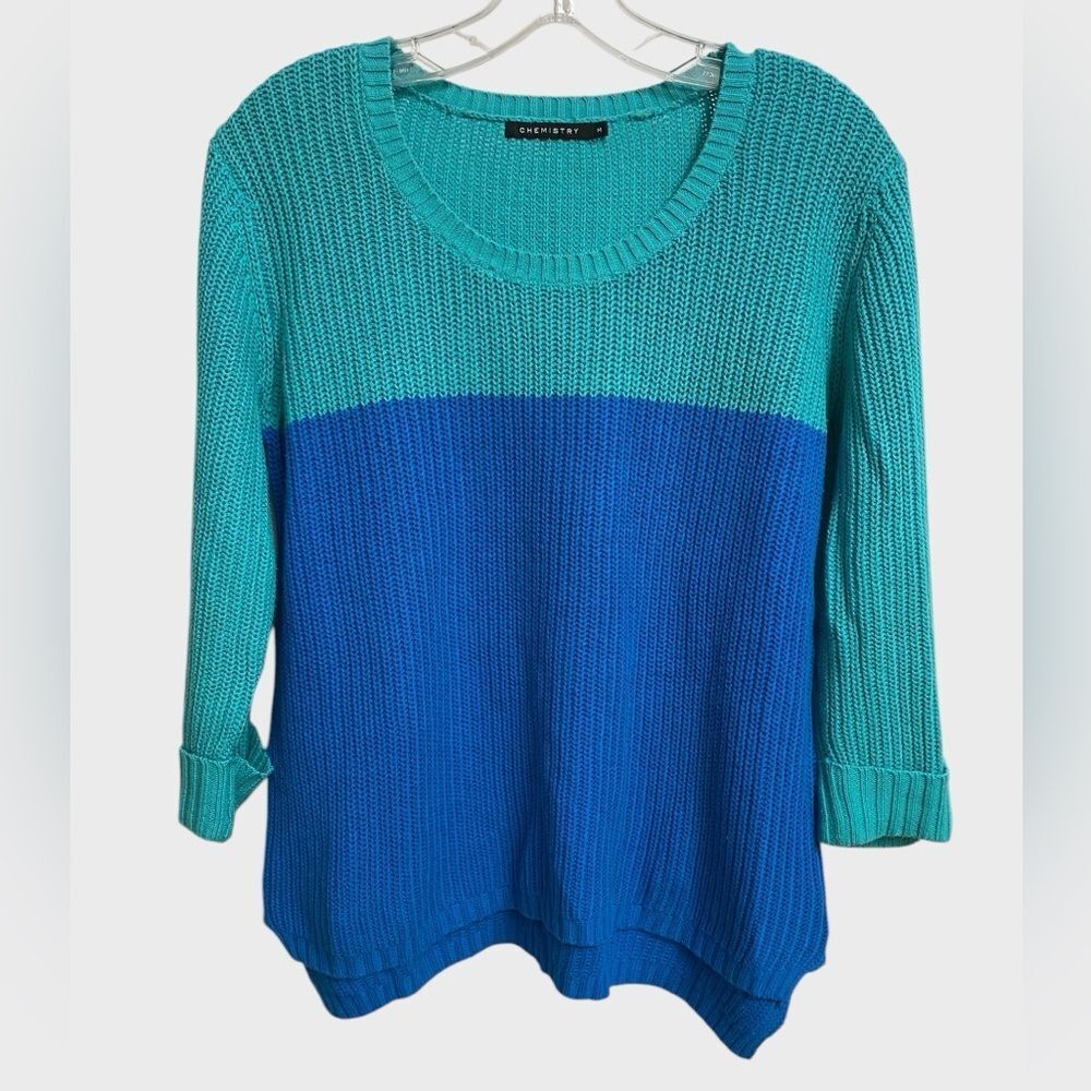 Chemistry Colorblock Knit Sweater Women's M Teal Blue Cotton Spring Summer Beach